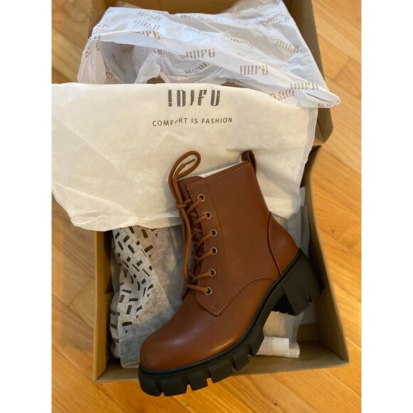 IDIFU Brown Chunky Combat Boots Women’s 7 Lace-Up Ankle Winter Boots NIB Workwea - Picture 10 of 12